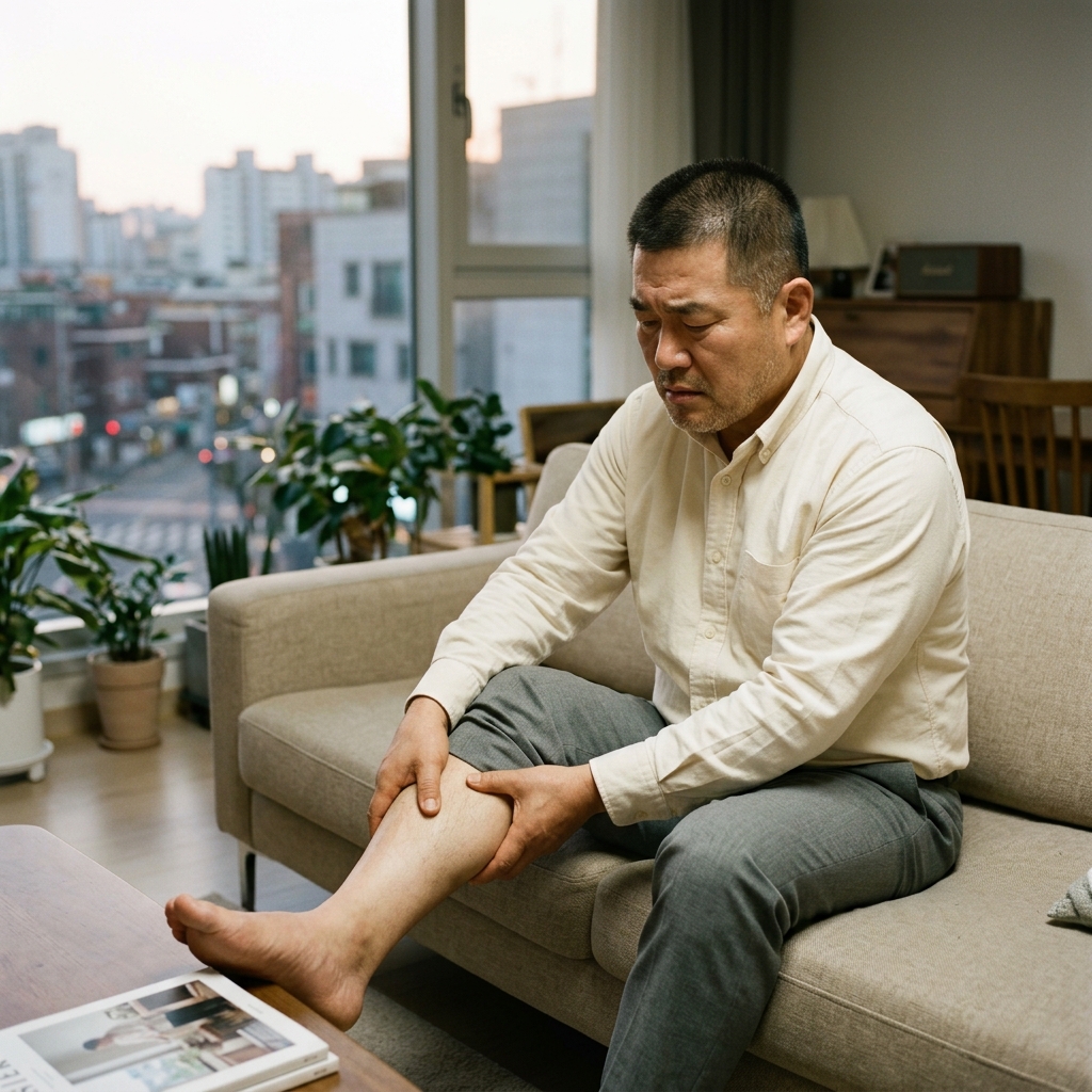 거실 소파에 앉아 종아리를 주무르며 불편한 표정을 짓는 65세 남성, 창밖은 저녁 무렵