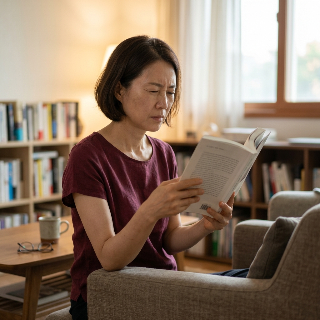 50대 중반 여성이 실내 조명 아래 책을 읽으며 눈을 가늘게 뜨고 있는 모습, 얇은 반팔 블라우스 착용