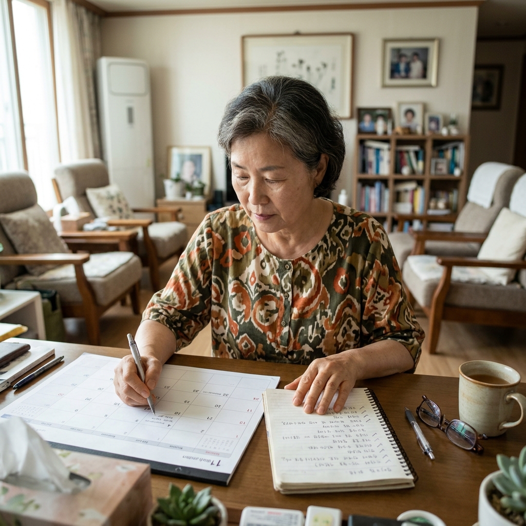 70대 여성이 거실 책상에 앉아 달력과 메모장을 펼쳐 놓고 혼자 체크리스트를 확인하는 모습, 자연광, 차분한 실내