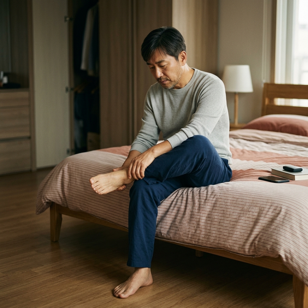 침대 가장자리에 앉아 발을 관찰하며 손으로 종아리를 만지고 있는 중년 여성, 긴팔 홈웨어, 실내 조명