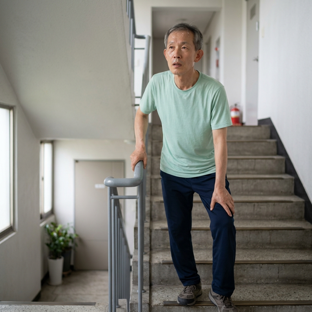 계단을 오르다 숨이 차서 난간을 잡고 쉬고 있는 70대 남성의 모습, 얼굴에 땀이 맺혀 있음