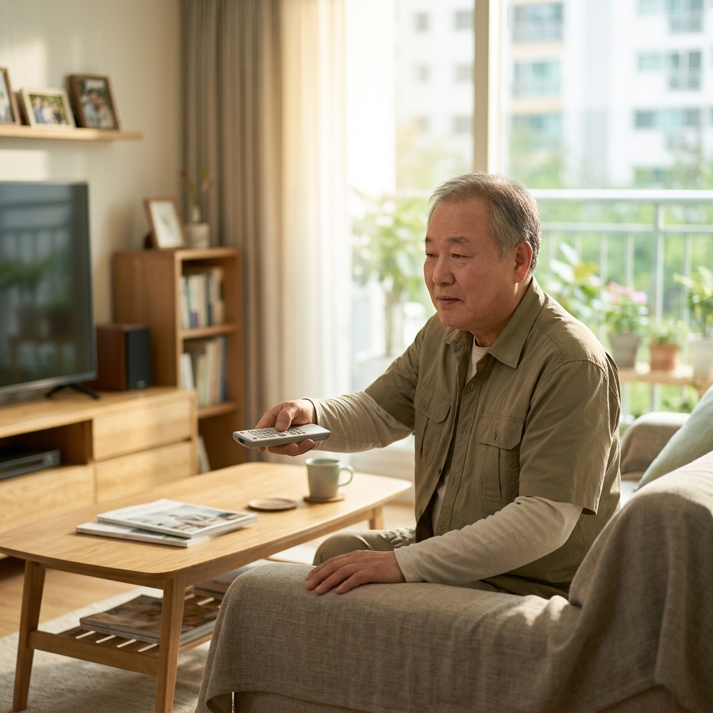 70대 한국인 남성이 거실 소파에 앉아 TV 리모컨을 들고 볼륨을 조절하는 장면, 창밖으로 봄 햇살이 들어오고 얇은 긴팔 셔츠를 입은 모습
