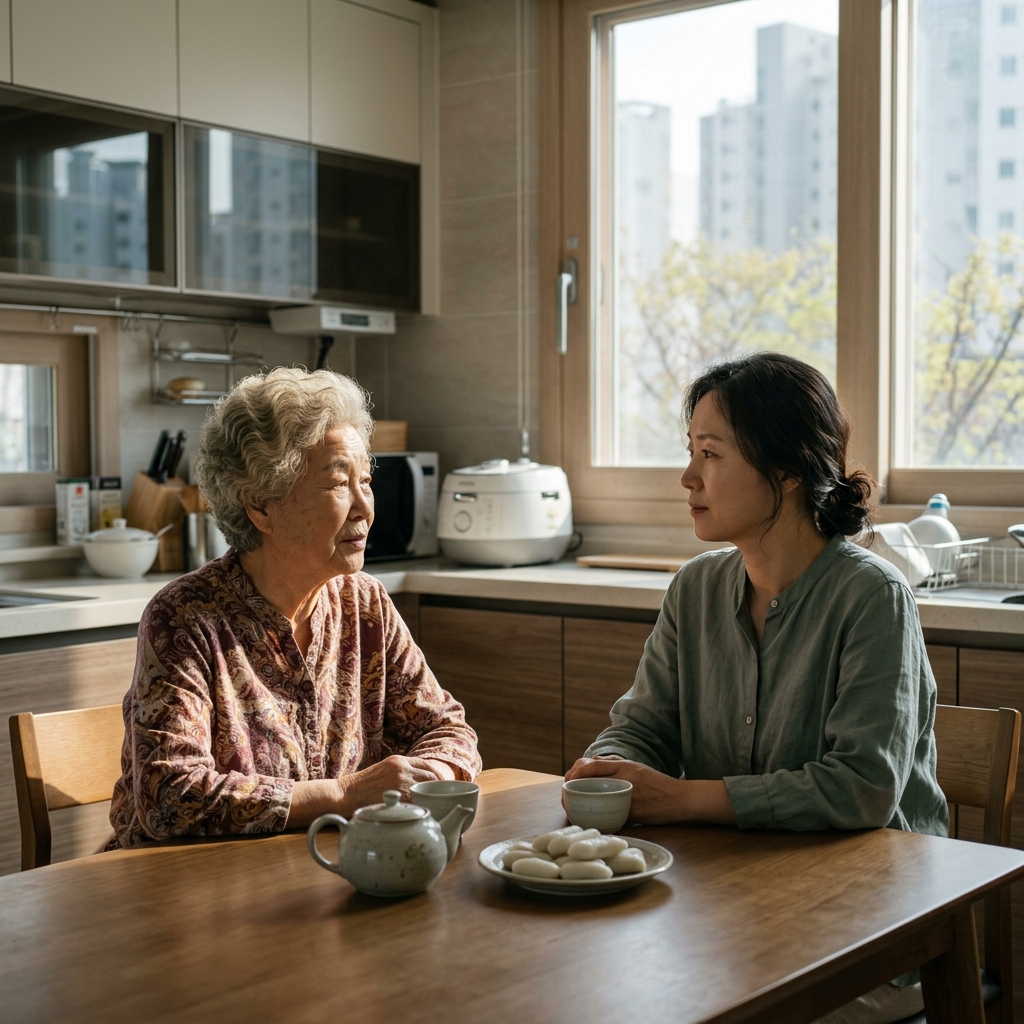 70대 한국인 여성과 40대 딸이 주방 식탁에 마주 앉아 차분히 대화하는 모습, 창밖으로 봄 햇살이 들어오고 긴팔 블라우스를 입은 모습