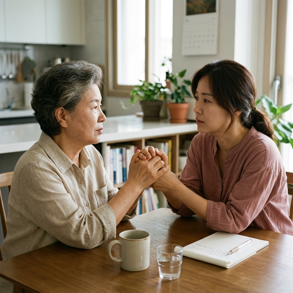 식탁에서 손을 맞잡고 진지하게 대화를 나누는 70대 여성과 40대 중년 여성, 옆에 메모지와 펜이 놓여 있는 장면