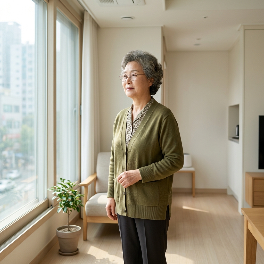 70대 한국인 여성이 작은 아파트 거실에서 창문을 통해 들어오는 햇살을 받으며 편안하게 서 있는 모습, 깔끔하고 단순한 실내 구조, 밝고 안정적인 분위기