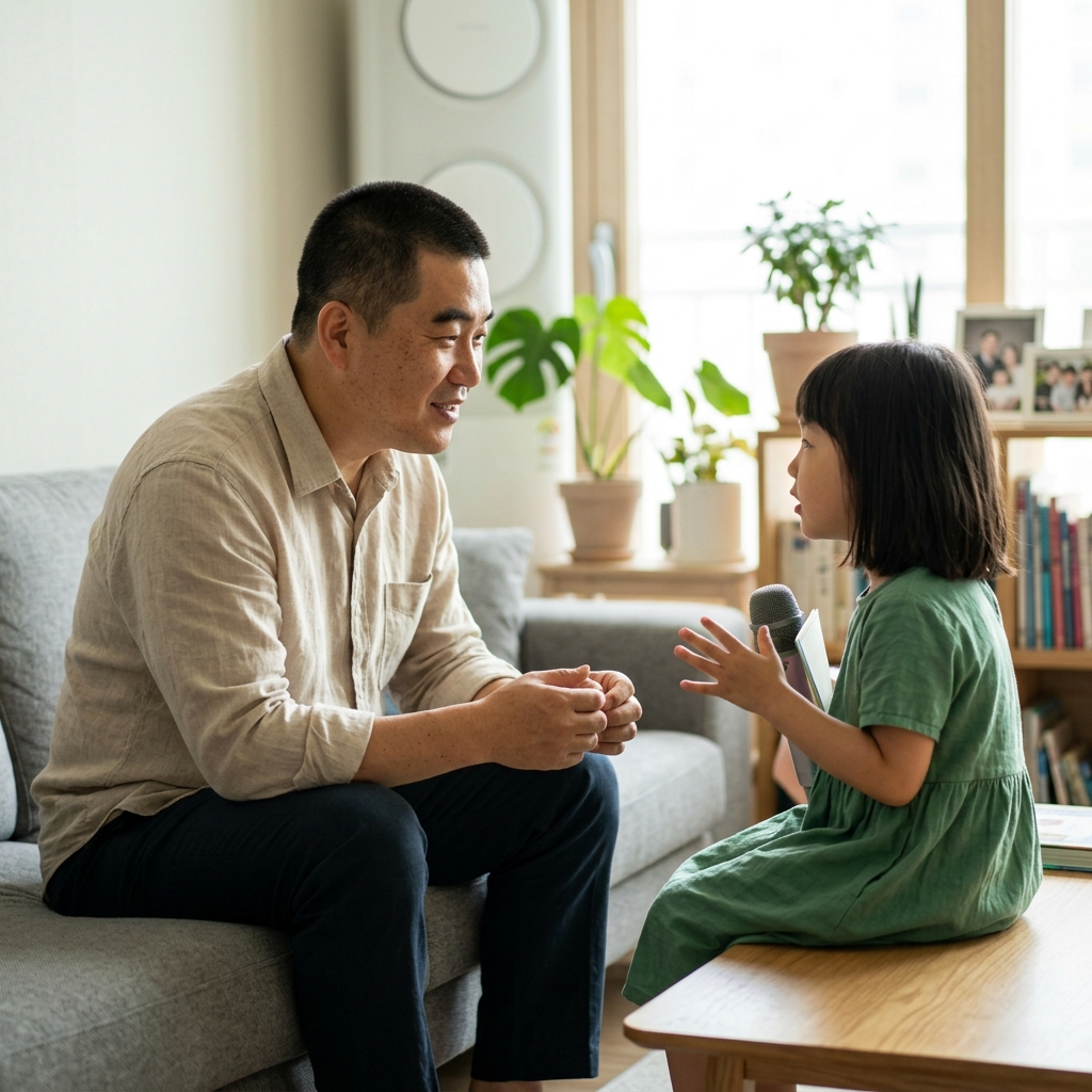 초등학생 아이가 집 거실에서 부모와 마주 앉아 역할놀이하듯 대화 연습을 하는 모습, 밝은 실내 조명