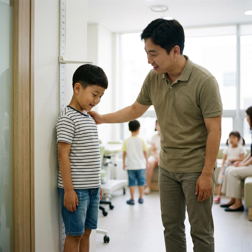초등학생 남자아이가 키 재는 줄자 앞에 서 있고, 아버지가 옆에서 함께 서 있는 장면, 밝은 실내, 자연광