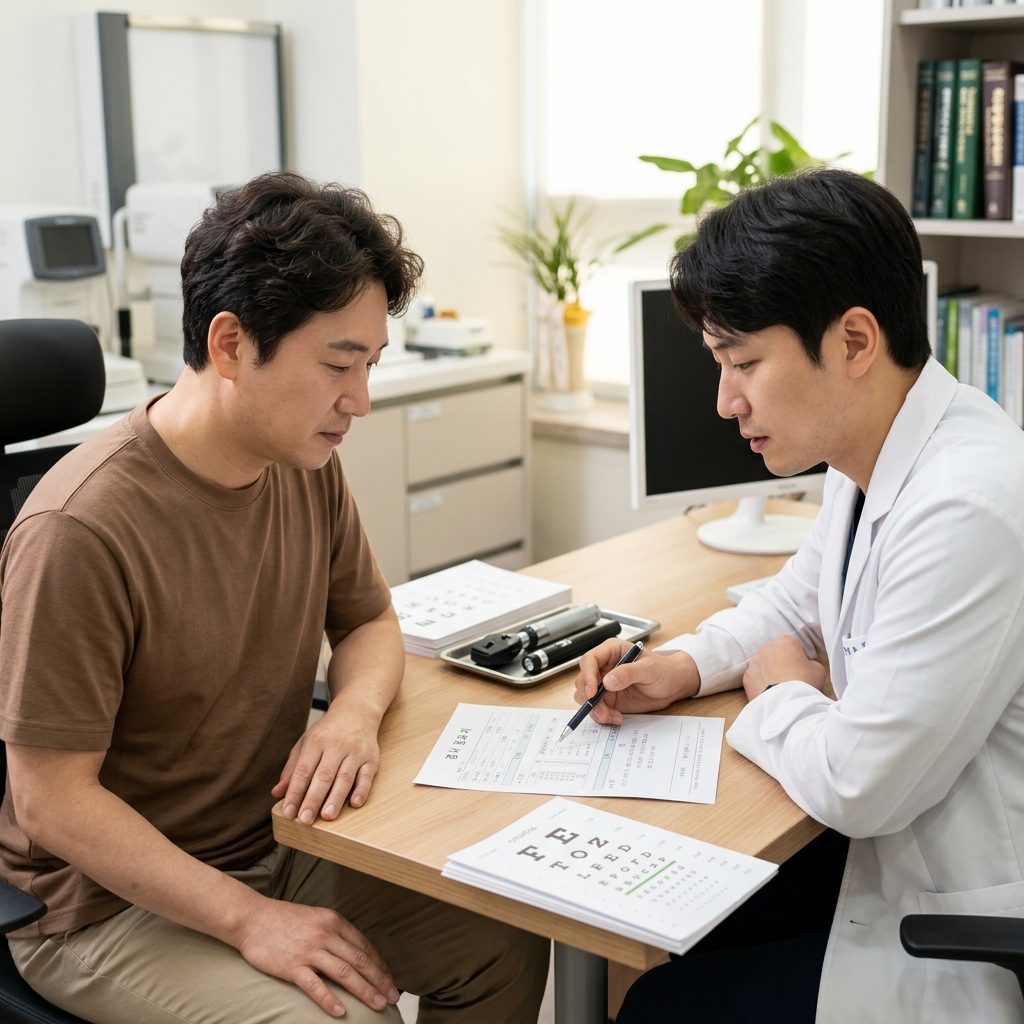 70대 남성이 병원 진료실에서 의사와 마주 앉아 검사 결과지를 함께 보며 상담하는 장면, 테이블 위에 시력검사 도구가 놓여 있음