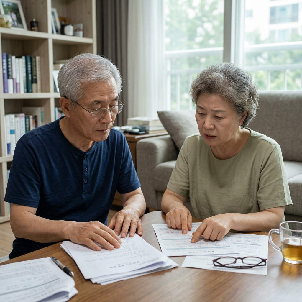 70대 부부가 거실 탁자 앞에 마주 앉아 서류를 함께 살피며 진지하게 대화하는 모습