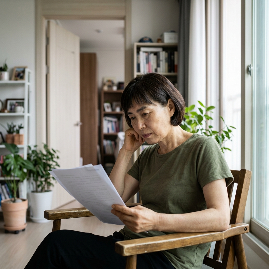 70대 남성이 창가 의자에 앉아 서류를 읽으며 생각에 잠긴 표정
