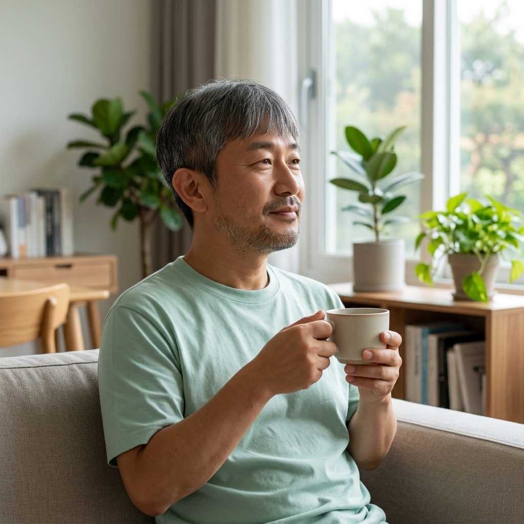 60대 중반 여성이 밝은 거실 소파에 앉아 차를 마시며 창밖을 바라보는 모습, 자연광, 차분한 표정, 혼자만의 시간