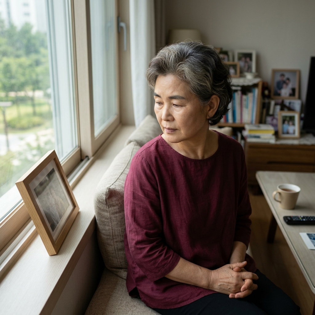 70대 여성이 실내 창가에 앉아 옆에 놓인 사진 액자를 바라보며 조용히 시간을 보내는 모습