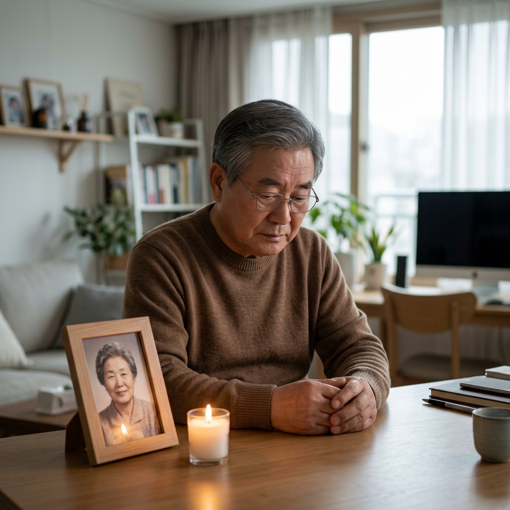 70대 남성이 실내 책상 위에 작은 촛불을 켜고 배우자의 사진 앞에서 조용히 앉아 있는 장면