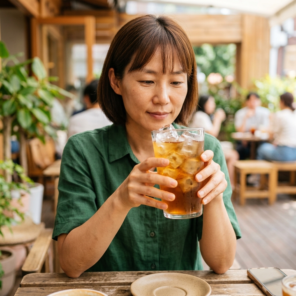 큰 투명한 얼음이 담긴 아이스 음료를 들고 있는 장면