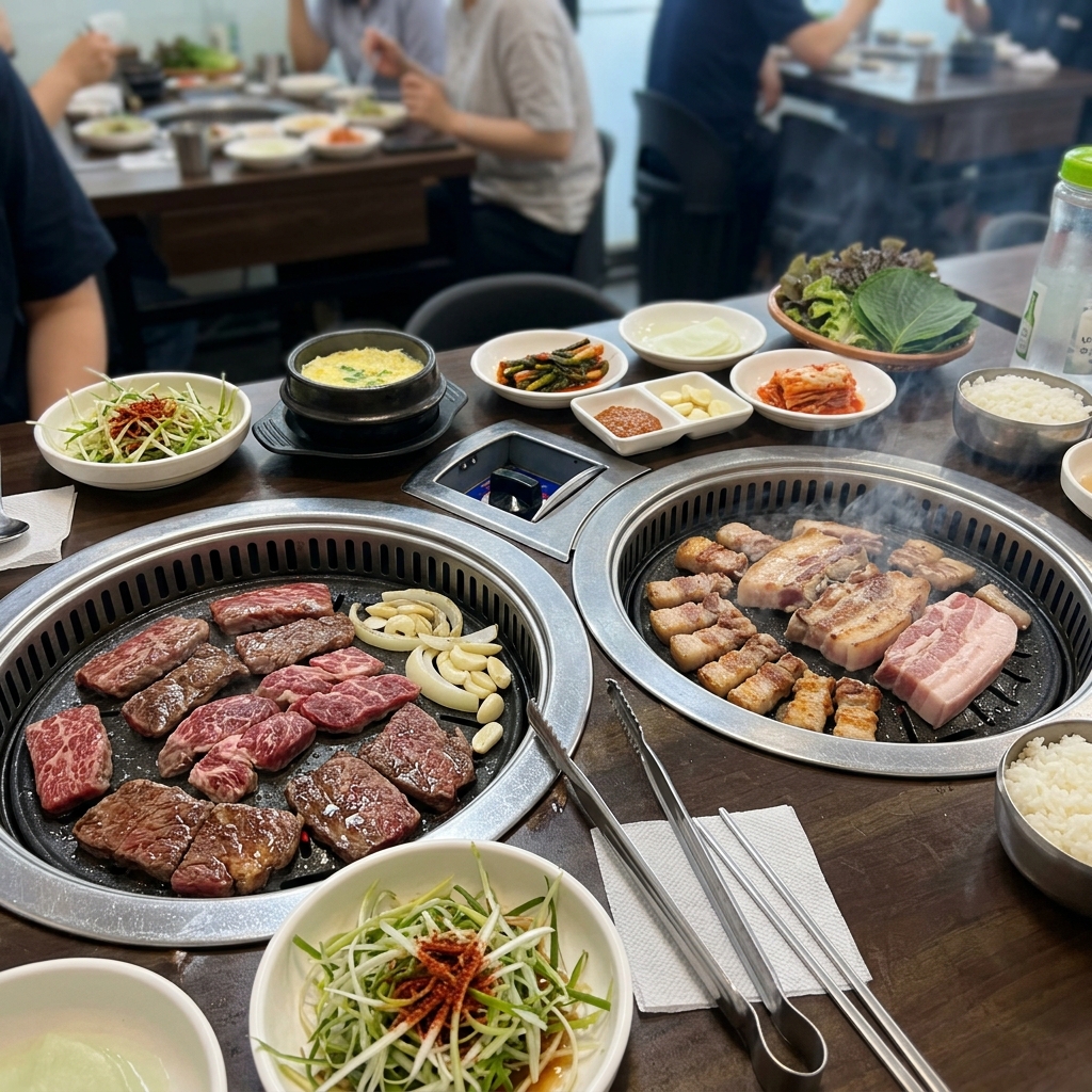 소고기 구이와 돼지고기 구이를 나란히 놓은 식탁 장면