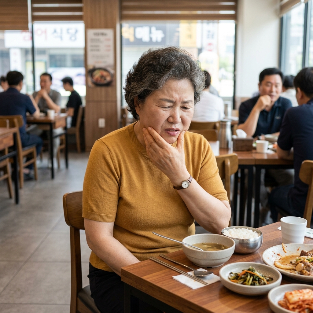 식사 중 턱을 만지며 불편한 표정을 짓는 70대 한국인 여성