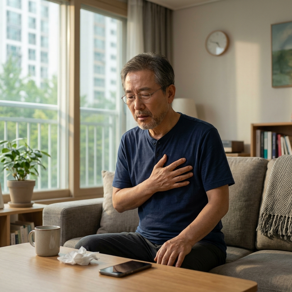 70대 남성이 집 안 소파에 앉아 손으로 가슴을 짚으며 힘겹게 숨을 고르고 있는 장면, 옅은 햇살이 창문으로 들어오고 실내는 조용하고 차분한 분위기