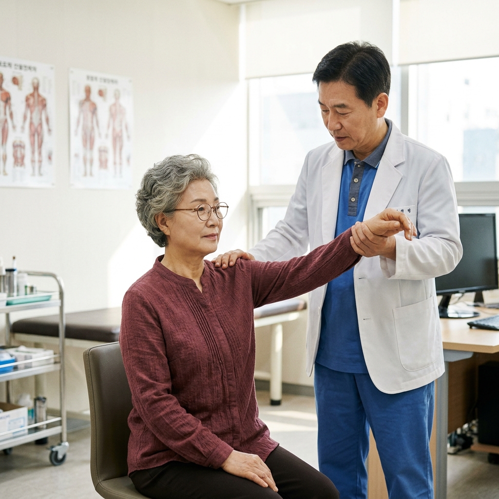 정형외과 진료실에서 의료진이 70대 환자의 어깨를 천천히 들어 올려 관절 가동 범위를 확인하는 장면, 환자는 의자에 앉아 있고 의료진은 환자 옆에서 팔을 지지