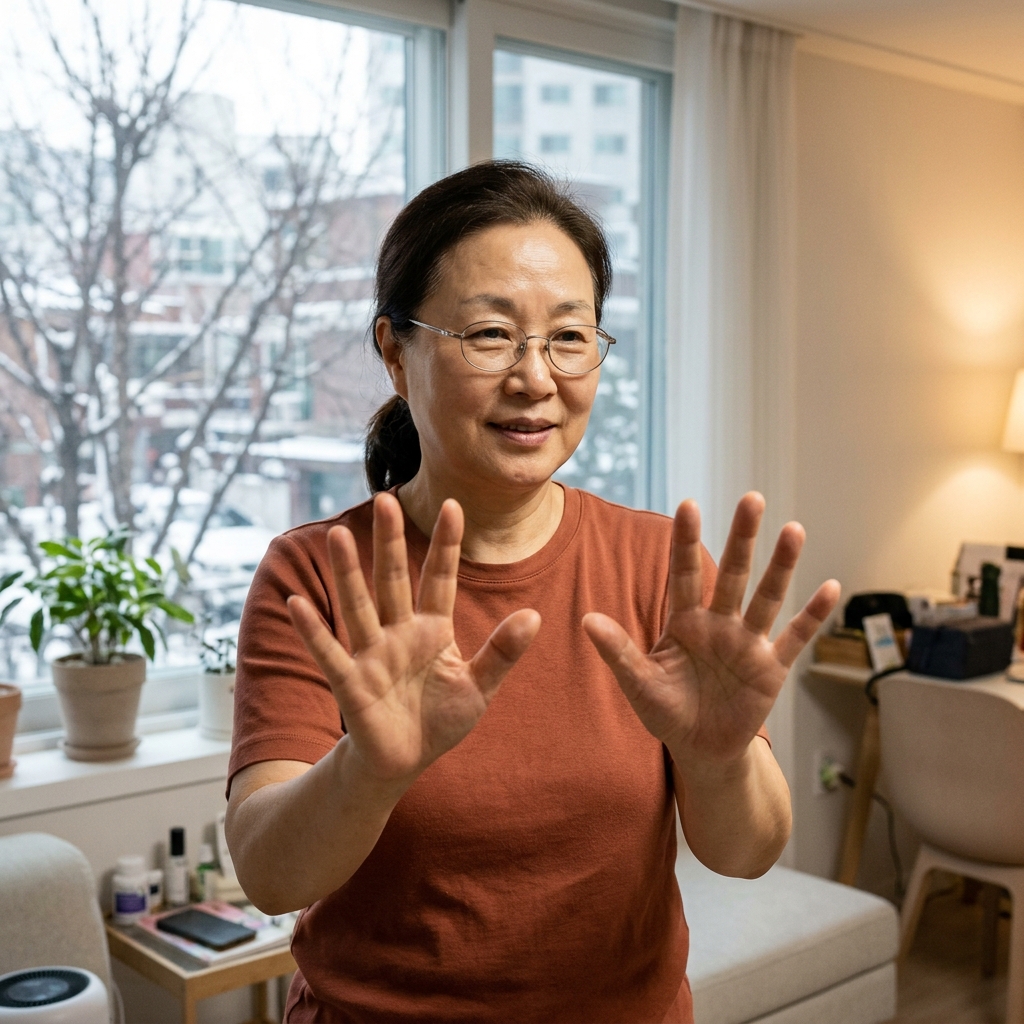 70대 한국인 여성이 실내에서 두 손을 앞으로 내밀어 손가락을 펴 보이는 모습, 창밖으로 겨울 나뭇가지가 보이고 따뜻한 실내 조명