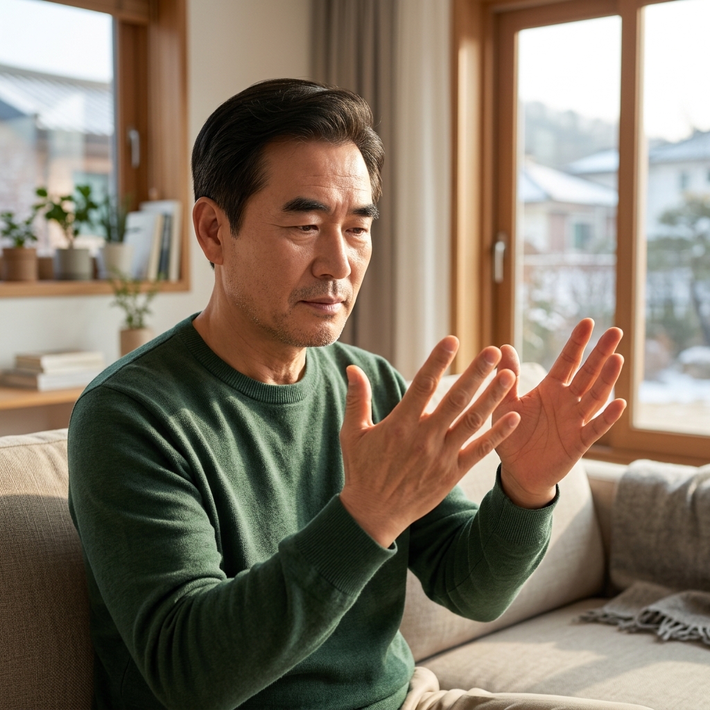 70대 한국인 남성이 실내 소파에 앉아 양 손바닥을 펴서 손가락을 관찰하는 모습, 창밖으로 겨울 햇빛이 들어오고 따뜻한 실내