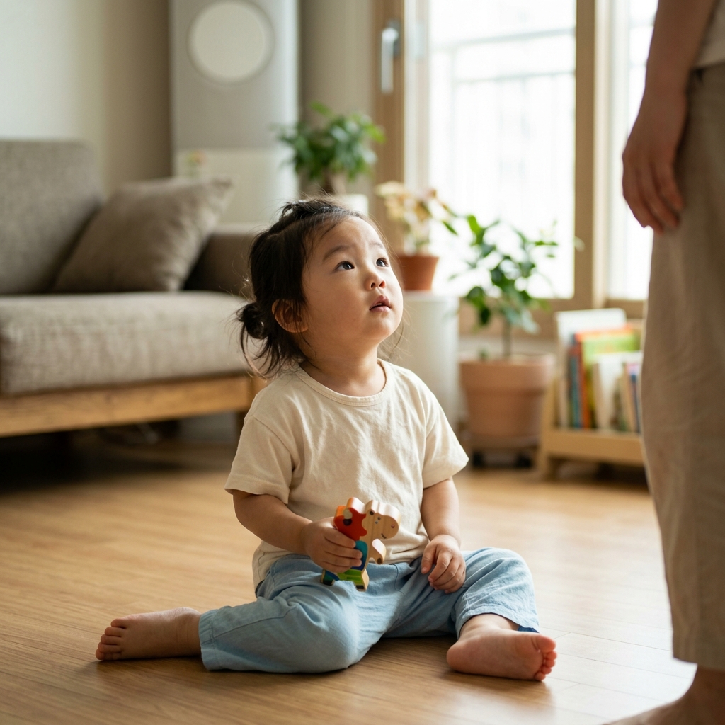 거실 바닥에 앉아 장난감을 손에 든 채 보호자를 올려다보는 36개월 안팎 아이의 모습, 자연광이 들어오는 따뜻한 실내 배경