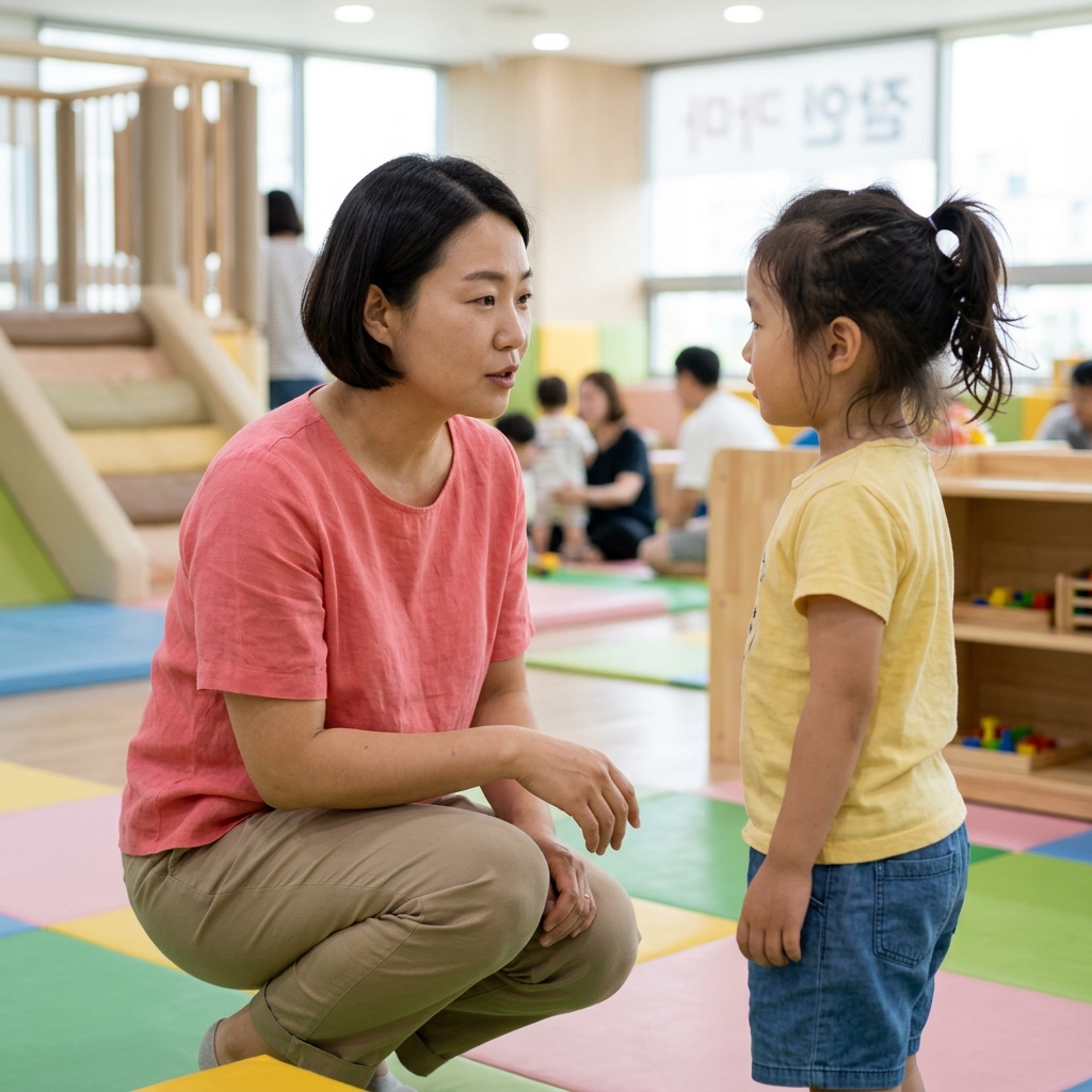 보호자가 무릎을 꿇고 아이와 눈높이를 맞춘 채 손짓 없이 말을 건네는 모습, 실내 놀이 공간 배경
