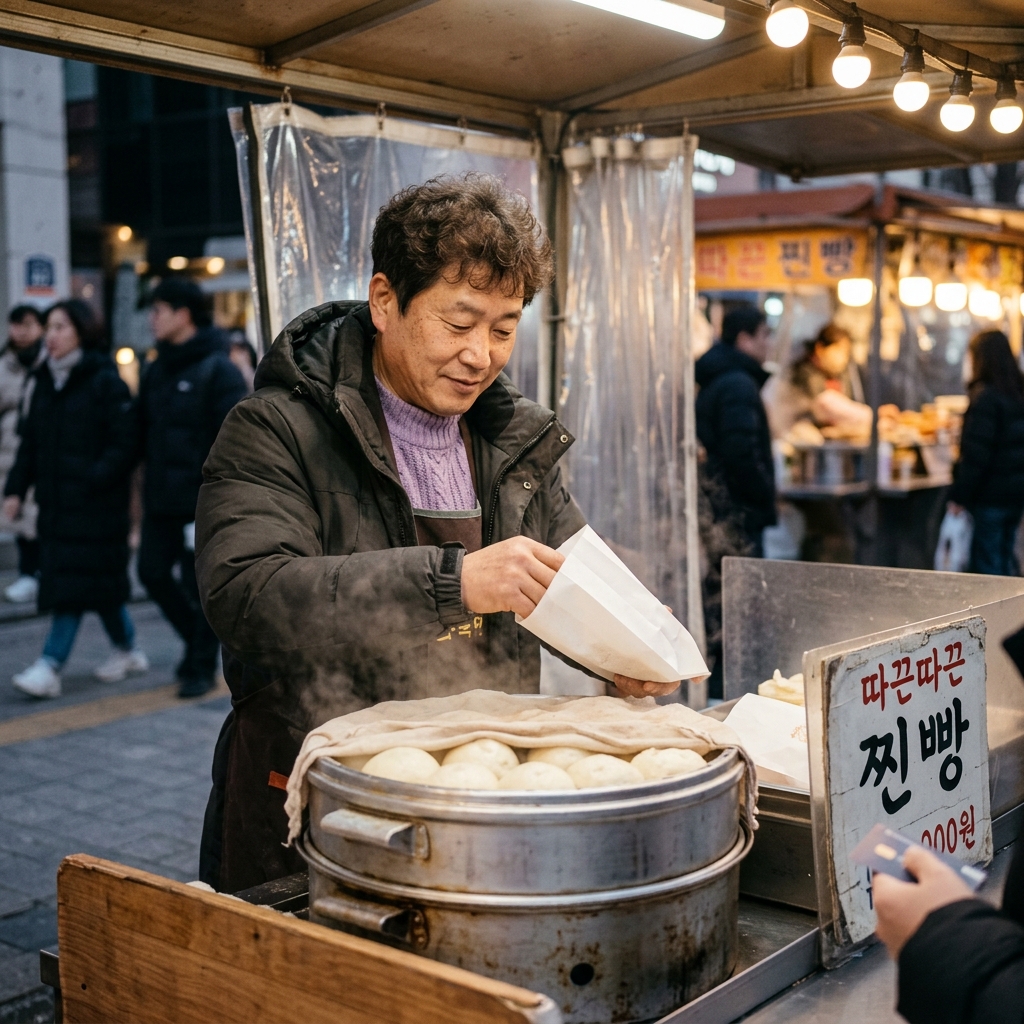 겨울 거리 포장마차에서 찐빵을 포장하는 장면