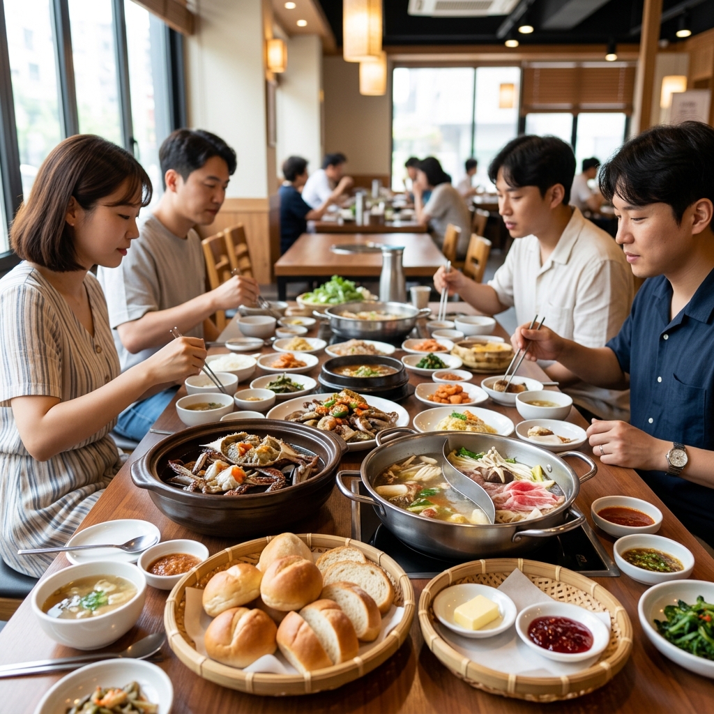 게장과 훠궈, 빵이 함께 놓인 무한리필 식탁 풍경