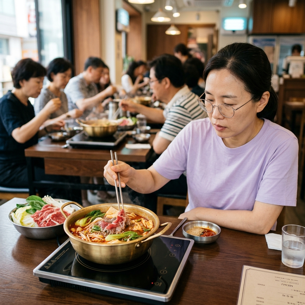 1인용 훠궈 냄비에 각종 채소와 고기가 담긴 모습