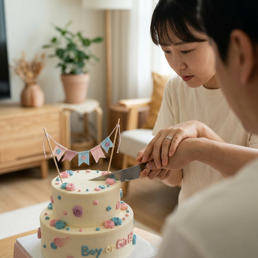 케이크를 자르는 예비 부모의 손과 함께 있는 분홍색과 파란색 장식