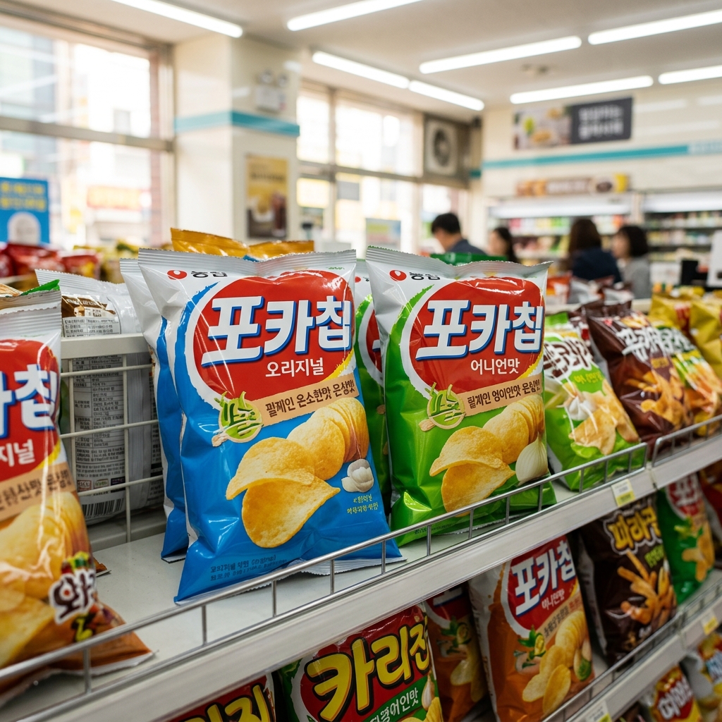 편의점 진열대에 나란히 놓인 파란 포카칩과 초록 포카칩