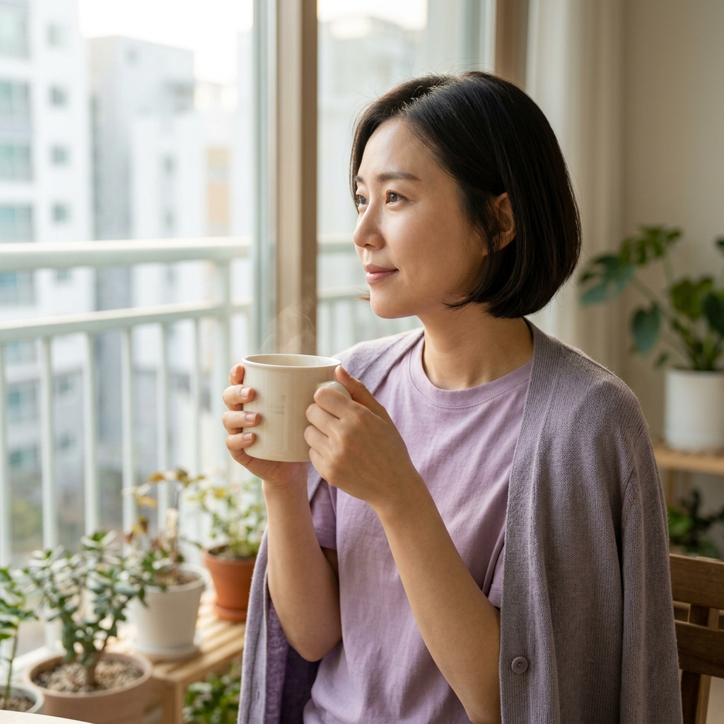 아침저녁 쌀쌀한 날씨에 얇은 가디건을 걸치고 따뜻한 차를 마시는 장면