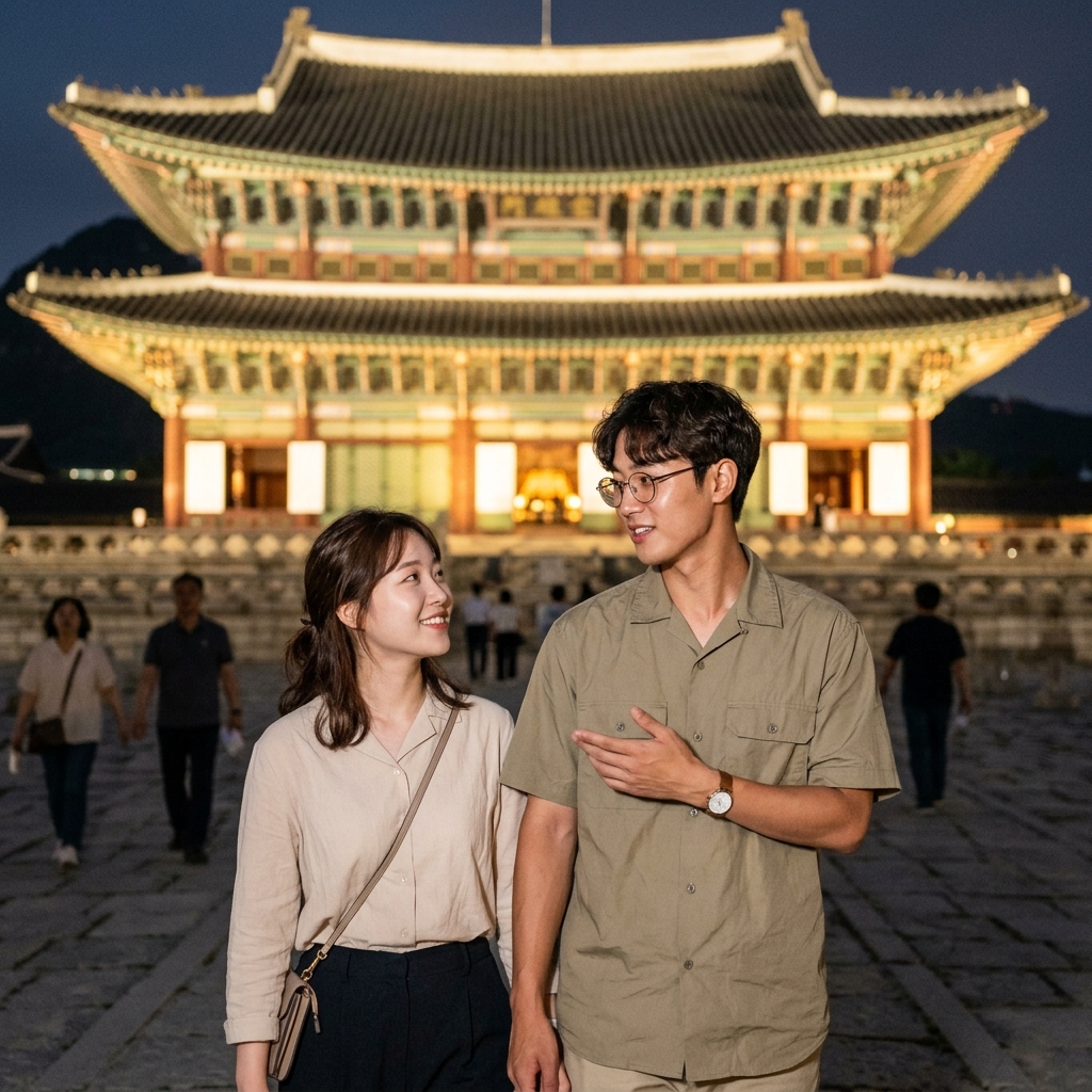 조명 켜진 경복궁 근정전 야경, 퇴근 후 데이트 장면
