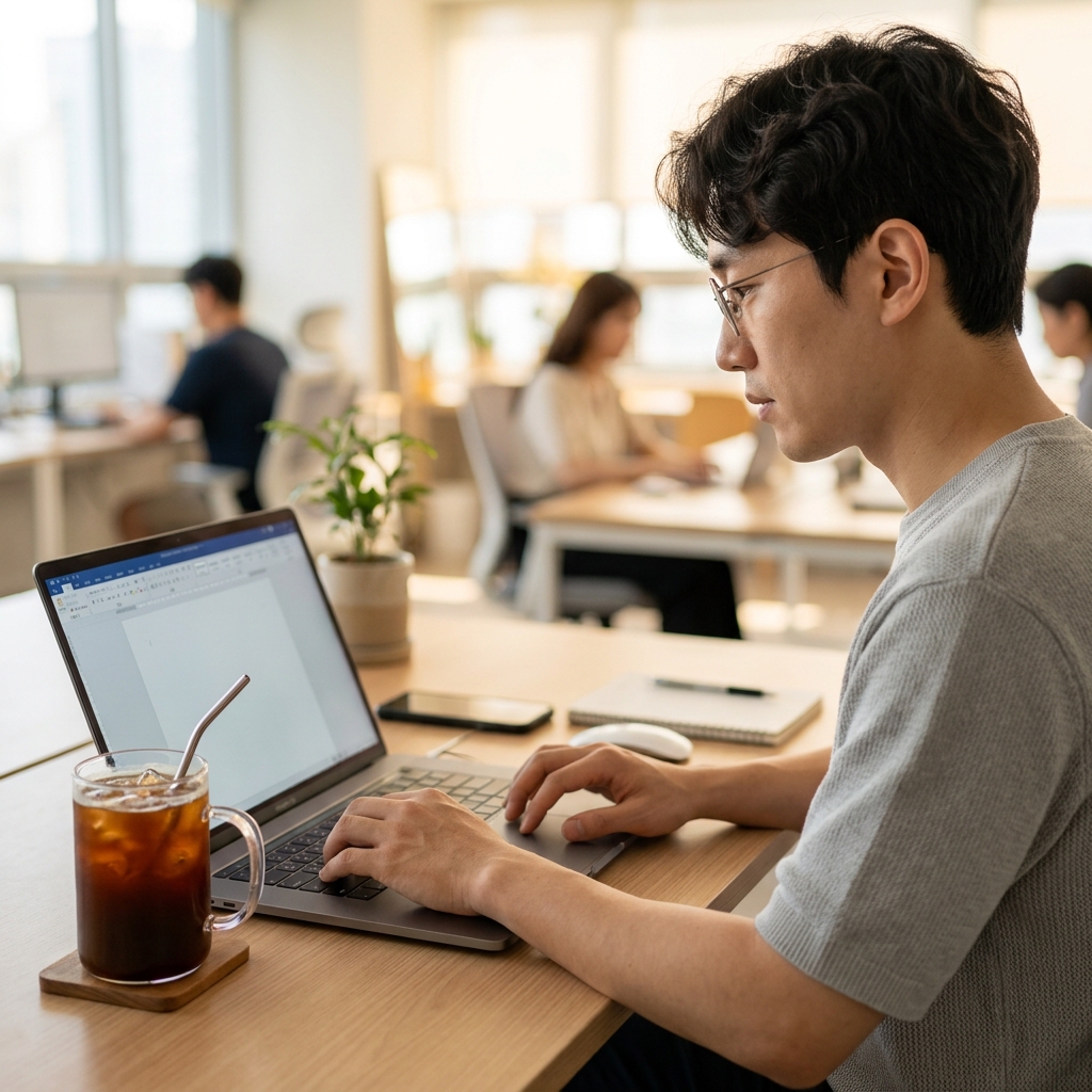 책상 위에 놓인 아이스 아메리카노 한 잔과 노트북 앞에 앉아있는 직장인의 손