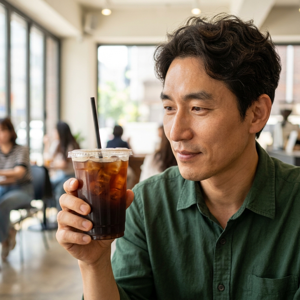 투명한 플라스틱 컵에 담긴 얼음과 검은 커피가 선명하게 보이는 아이스 아메리카노