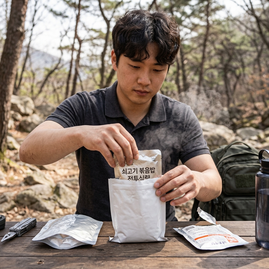 발열체로 전투식량을 데우는 장면