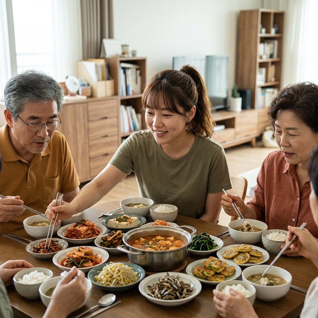 다양한 반찬이 가득 차려진 한국 식탁과 함께 식사하는 사람들