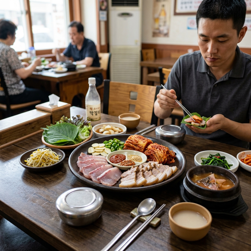 홍어회를 삼합으로 차려낸 모습