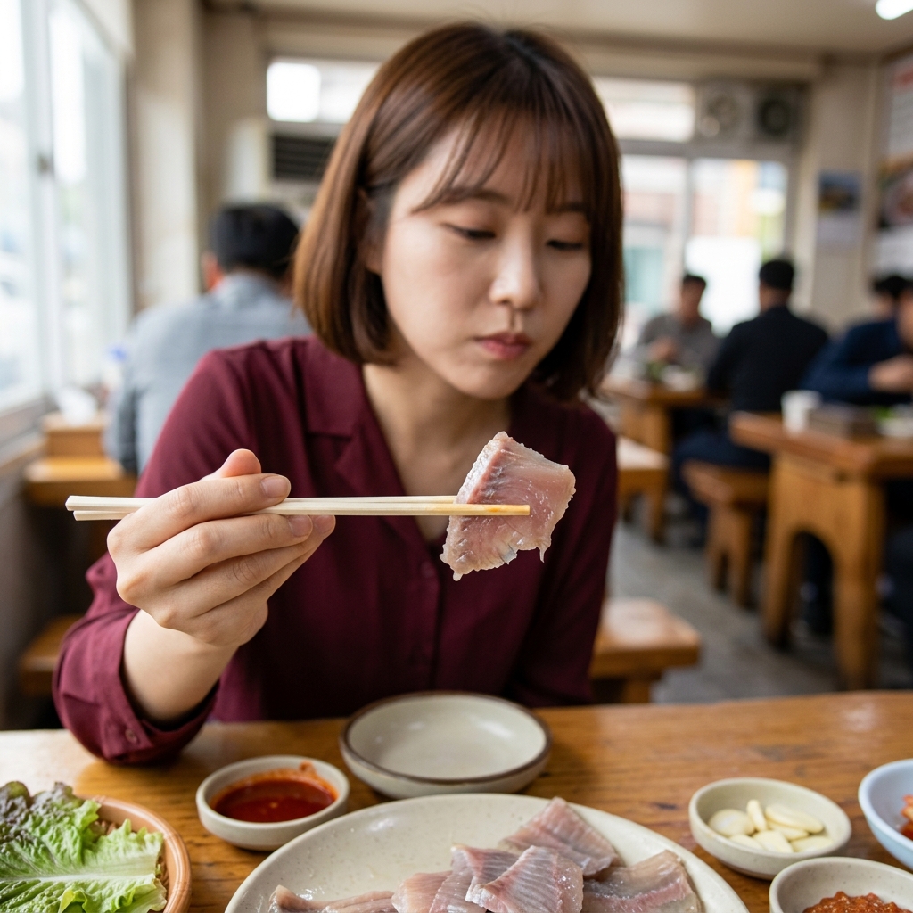 삭힌 홍어회를 젓가락으로 집어 올린 장면