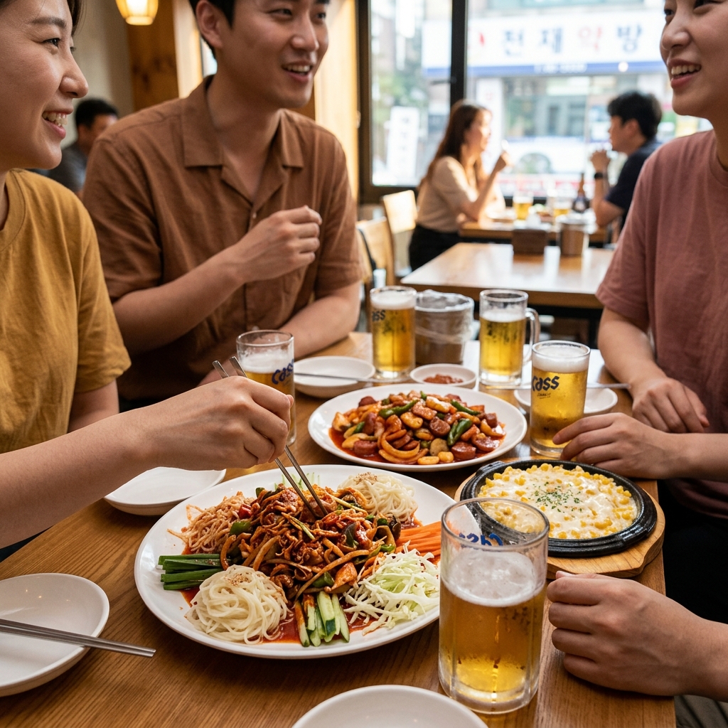 맥주 한 잔과 함께 놓인 골뱅이무침, 콘치즈, 쏘야볶음 안주 구성