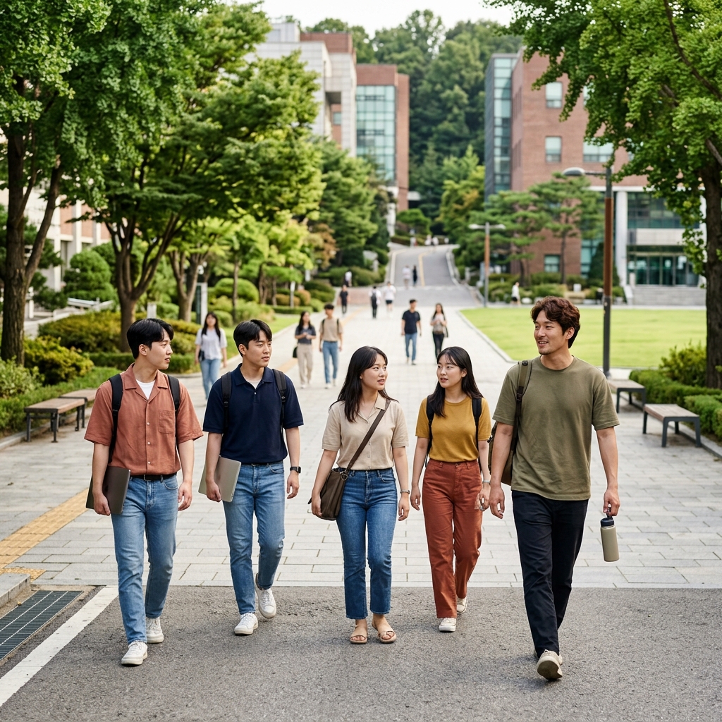 넓은 대학 캠퍼스를 걸어가는 학생들의 모습