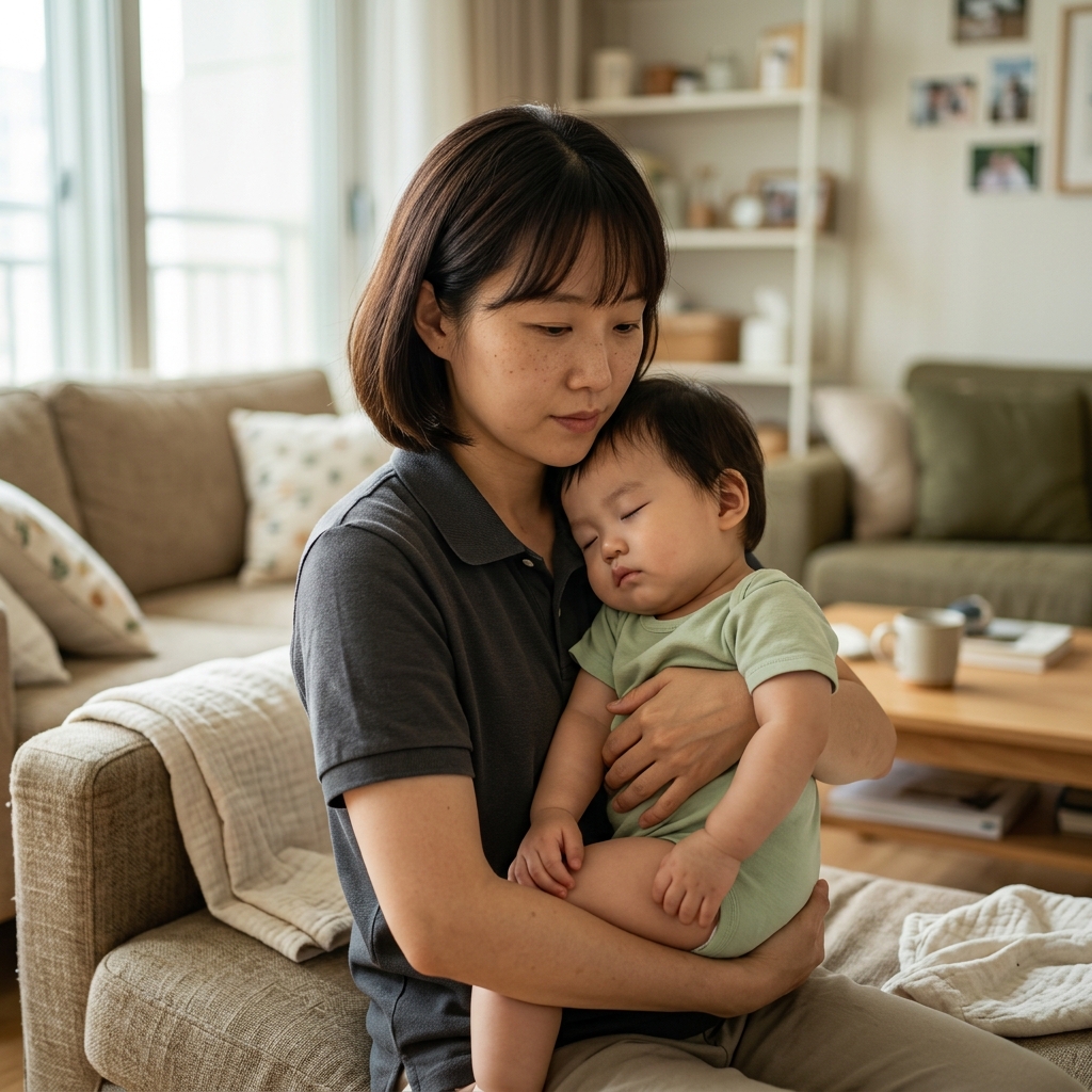 영유아가 보호자 품에 안겨 편안하게 쉬고 있는 모습, 실내 소파나 침대 위, 부드럽고 차분한 실내 조명