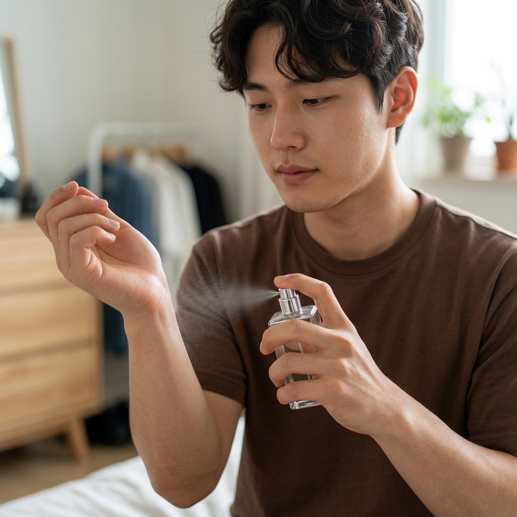 손목에 향수를 뿌리는 모습, 클로즈업 구도