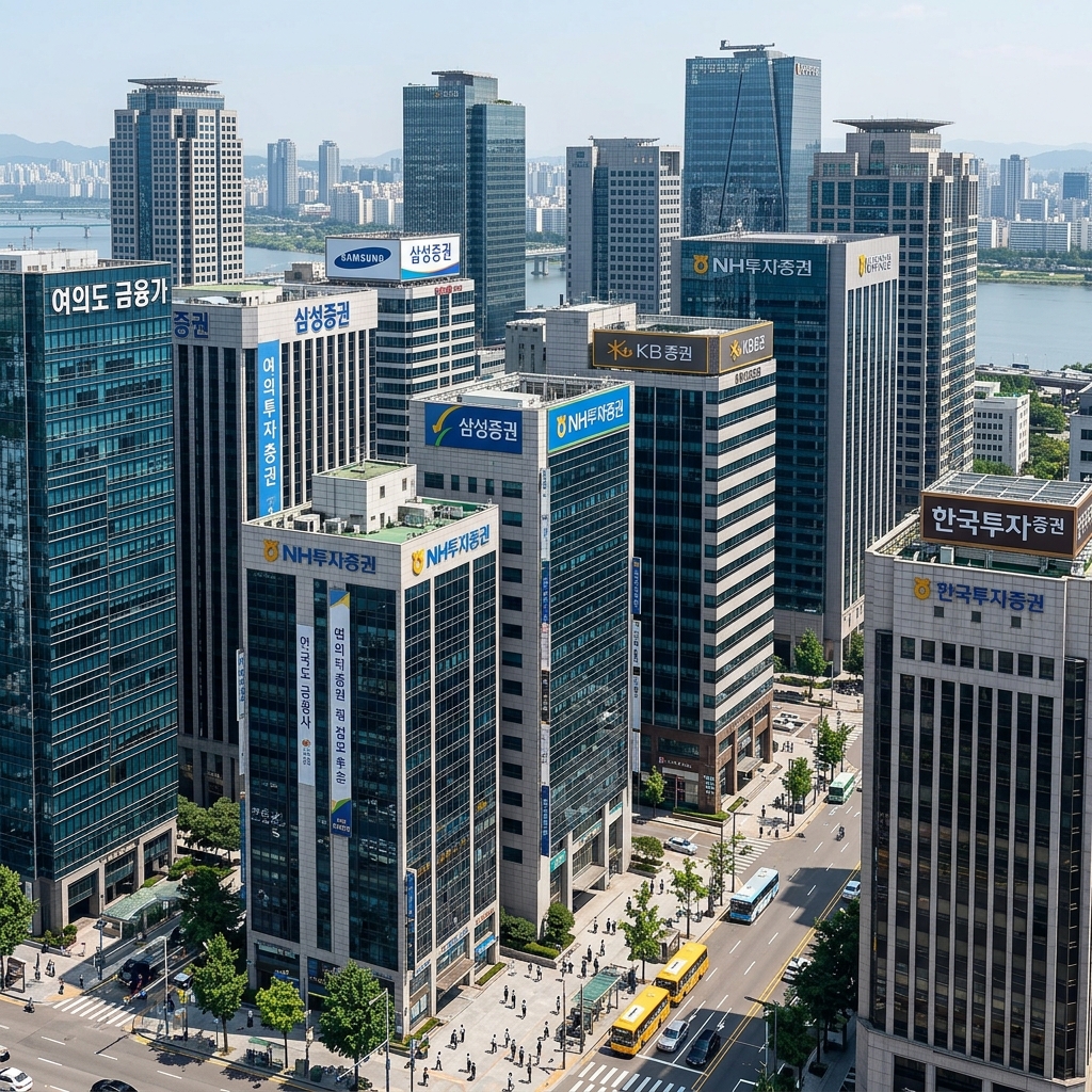 여의도 금융가 빌딩숲과 증권사 간판들이 보이는 업무지구 전경