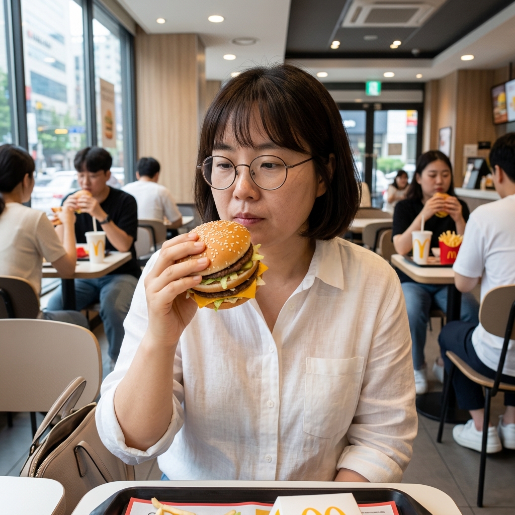 세계 여러 나라의 맥도날드 매장에서 빅맥을 들고 있는 사람들