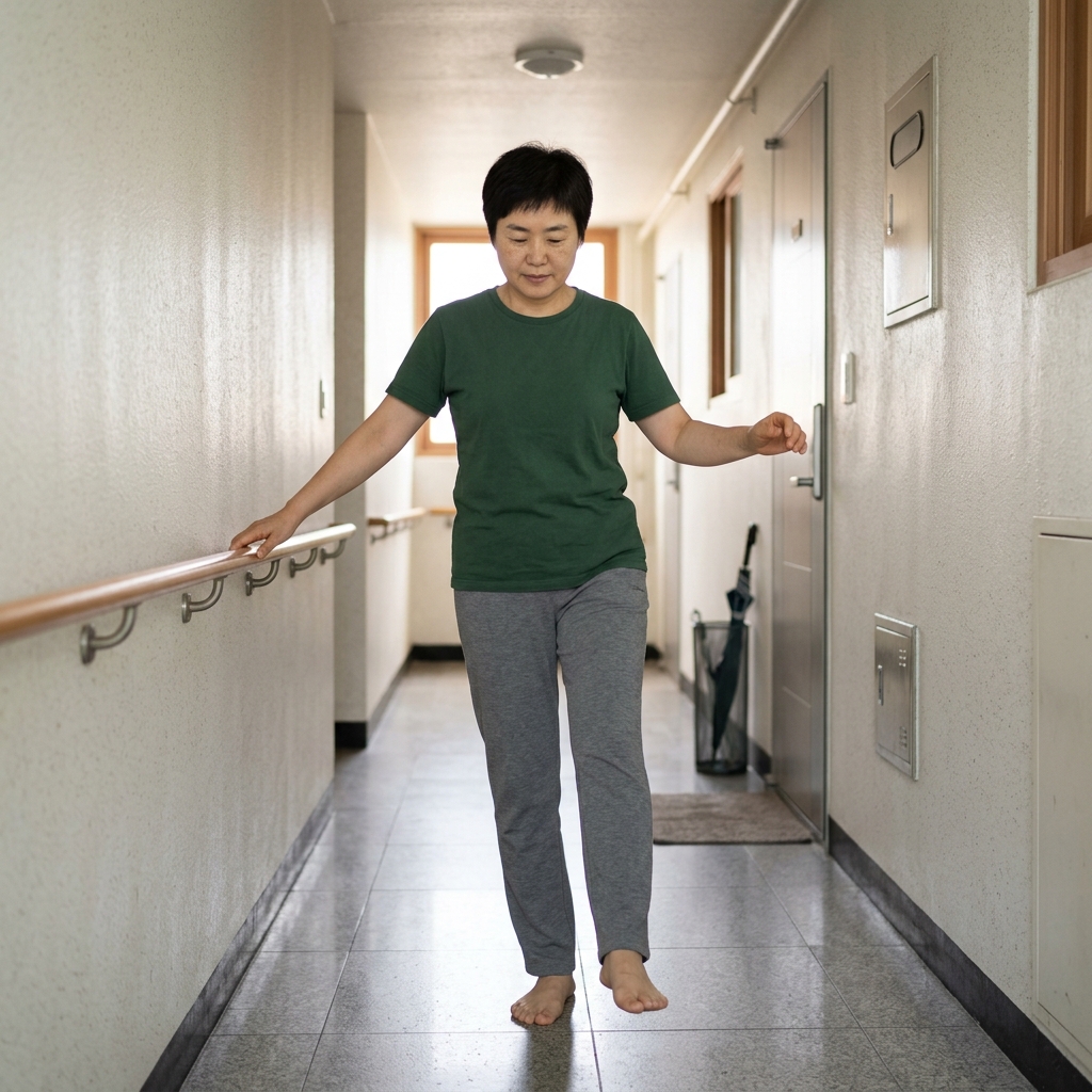 50대 여성이 실내 복도에서 한 발로 서서 균형을 잡는 연습을 하는 장면, 옆에 벽이나 난간이 보이는 안전한 환경