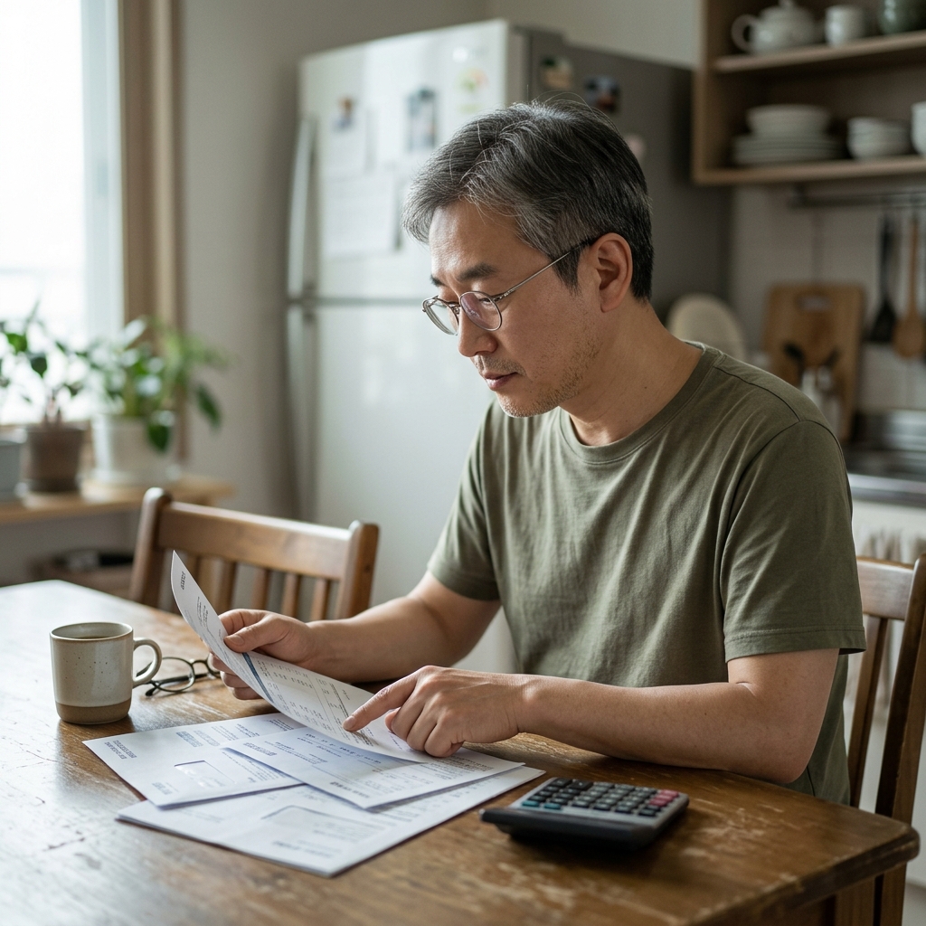 70대 한국인 남성이 식탁에 앉아 카드 명세서를 보며 지출 내역을 확인하는 모습, 실내 조명, 안경 착용