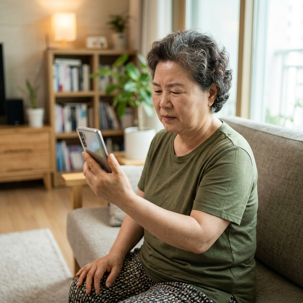 70대 한국인 여성이 거실 소파에 앉아 휴대폰 화면을 팔 길이만큼 멀리 들고 눈을 찌푸리며 보는 모습, 자연광, 따뜻한 실내 조명