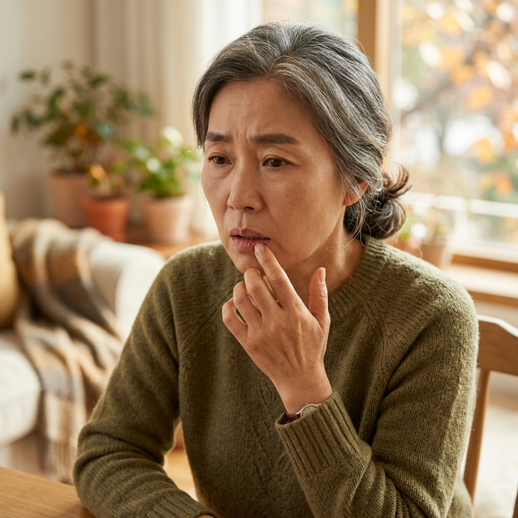 가을 실내에서 갈라진 입술에 손을 대고 있는 60대 여성의 클로즈업
