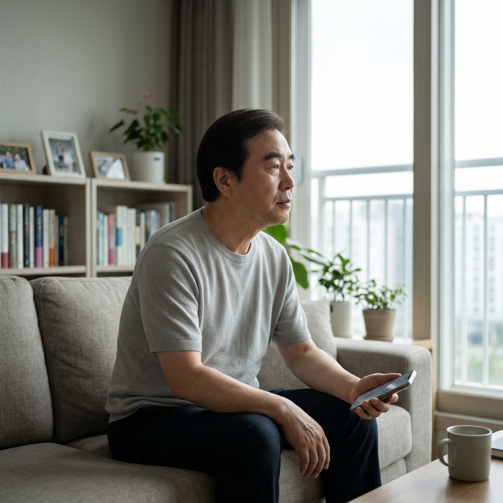 70대 후반 어르신이 거실 소파에 혼자 앉아 창밖을 바라보며 전화기를 손에 들고 있는 모습, 차분하고 조용한 실내 분위기